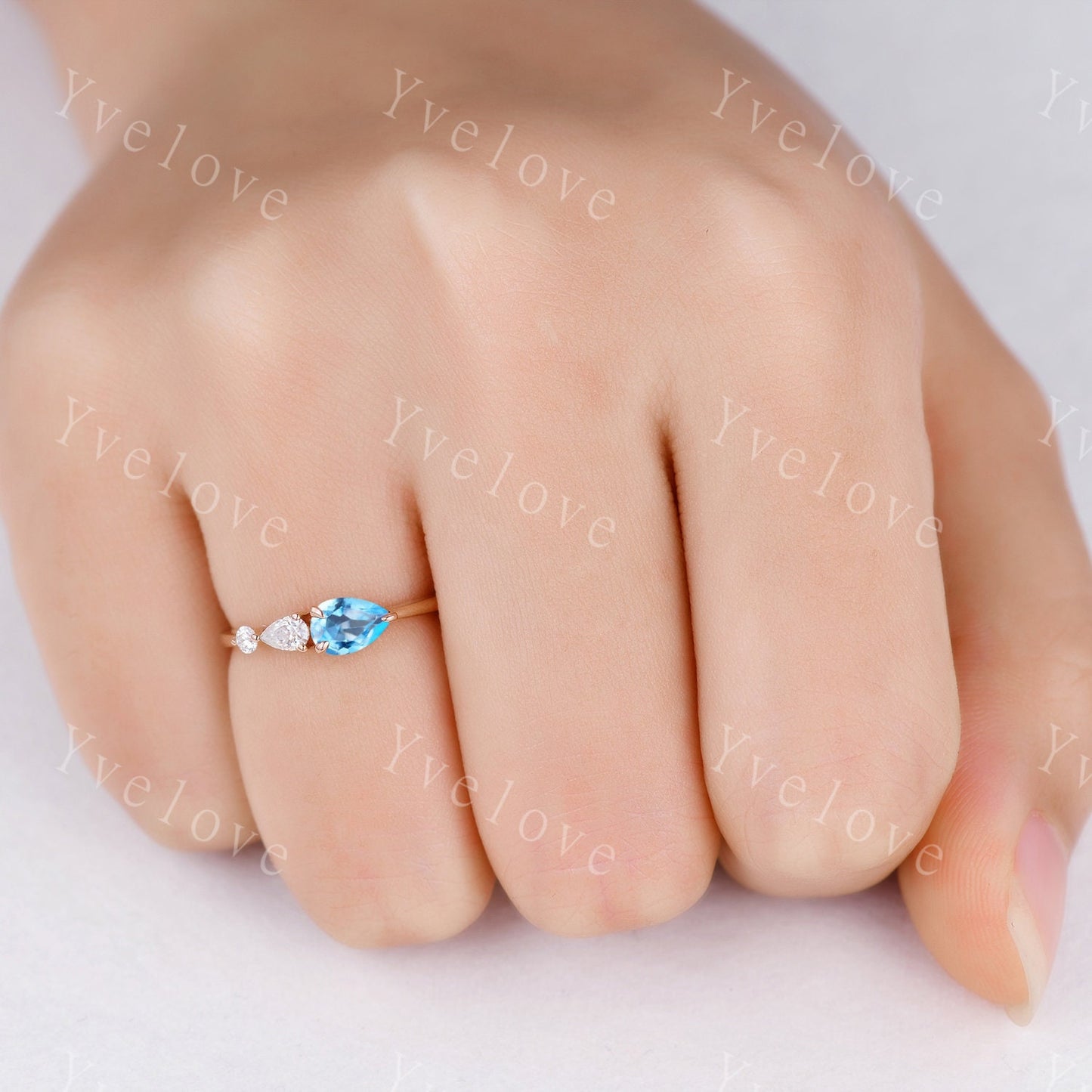 Vintage Swiss Blue Topaz Engagement Ring,Pear Cut Gems,Art Deco Moissanite Wedding Band,3 Stone Unique Women Bridal Promise Ring,Platinum