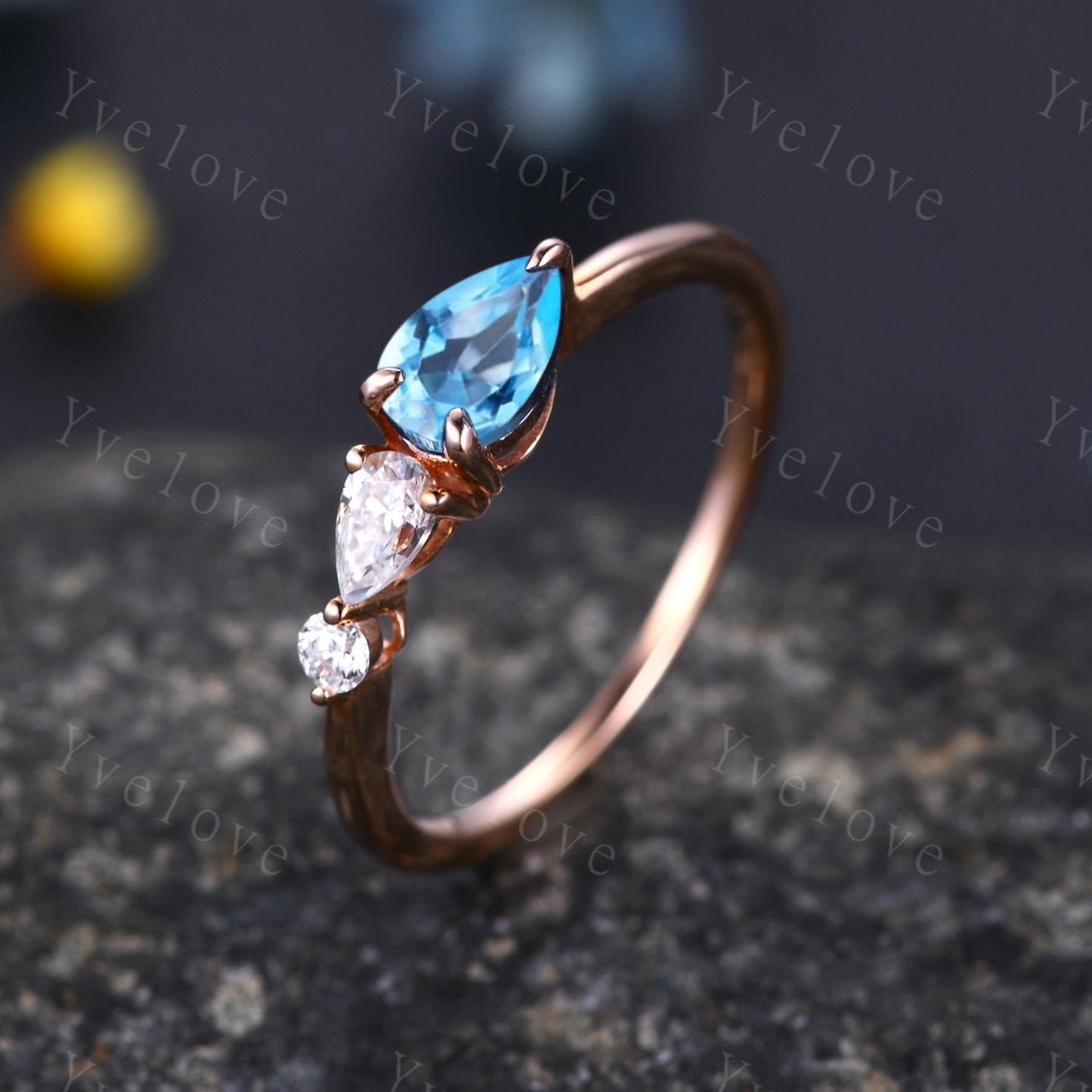 Vintage Swiss Blue Topaz Engagement Ring,Pear Cut Gems,Art Deco Moissanite Wedding Band,3 Stone Unique Women Bridal Promise Ring,Platinum