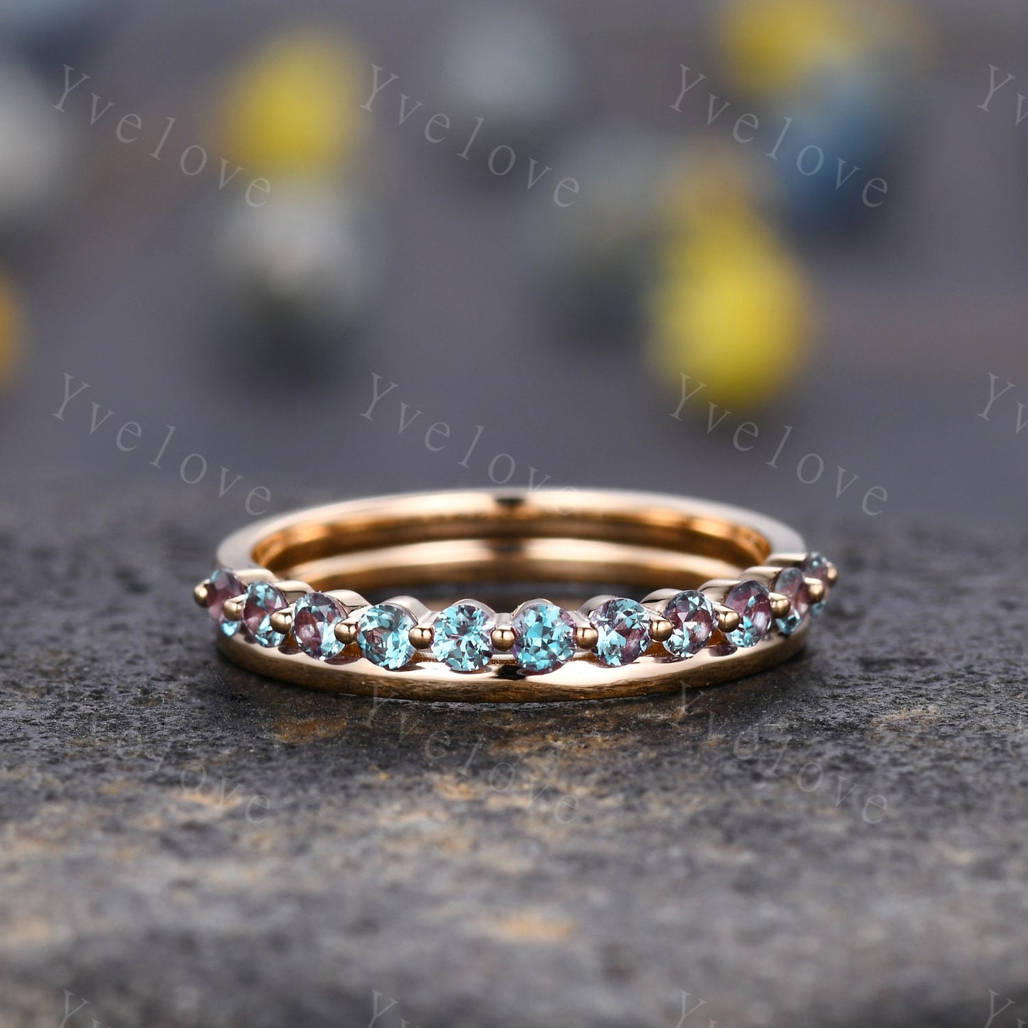 Unique Alexandrite Ring,Plain Band,14K Yellow Gold Women Antique Ring,Wedding Band,Vintage Stacking Matching Ring,Bridal Ring Gift For Her