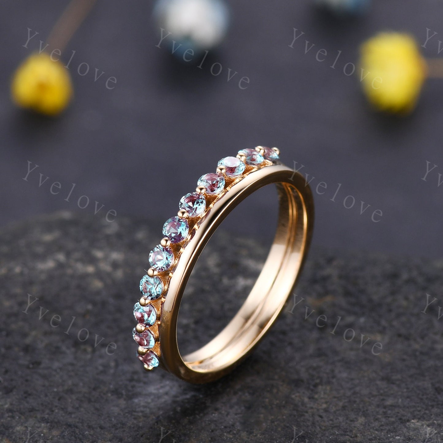 Unique Alexandrite Ring,Plain Band,14K Yellow Gold Women Antique Ring,Wedding Band,Vintage Stacking Matching Ring,Bridal Ring Gift For Her