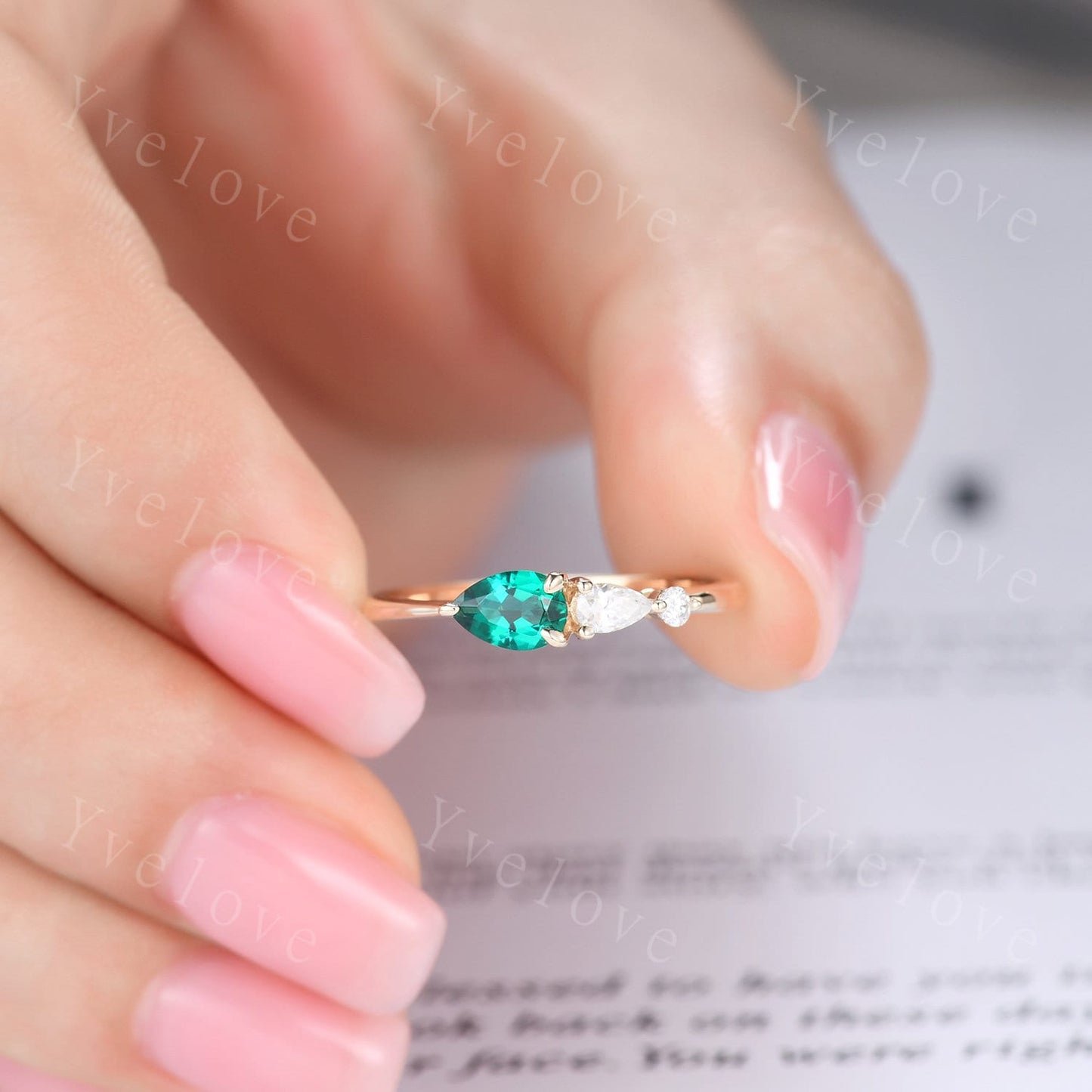 Vintage Emerald Ring Engagement Ring,Pear Cut Gems,Art Deco Moissanite Wedding Band,3 Stone Unique Women Bridal Promise Ring Gift,Rose gold