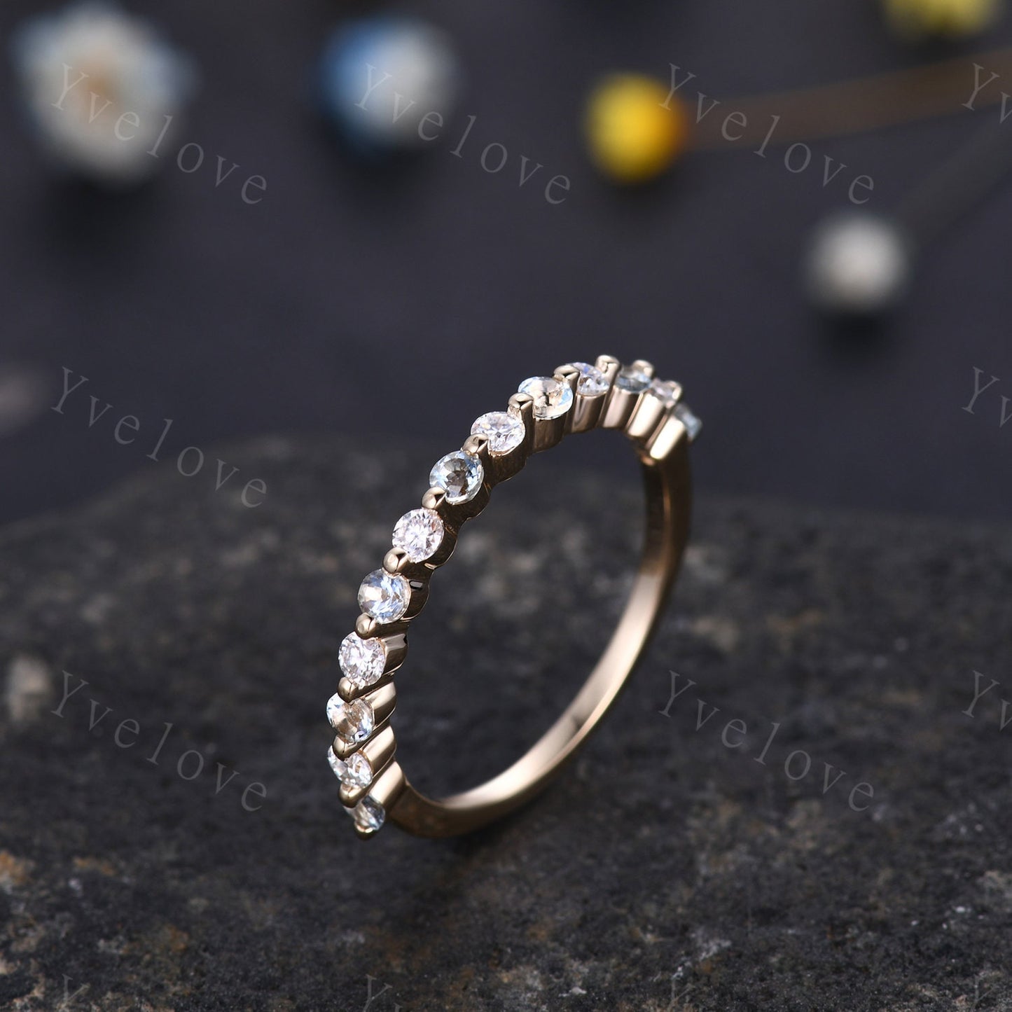 2mm Round Aquamarine Moissanite Band,Alternative Ring,Unique Moissanite Wedding Band,Women Moissanite Matching Band,Gold Ring Gift,Custom