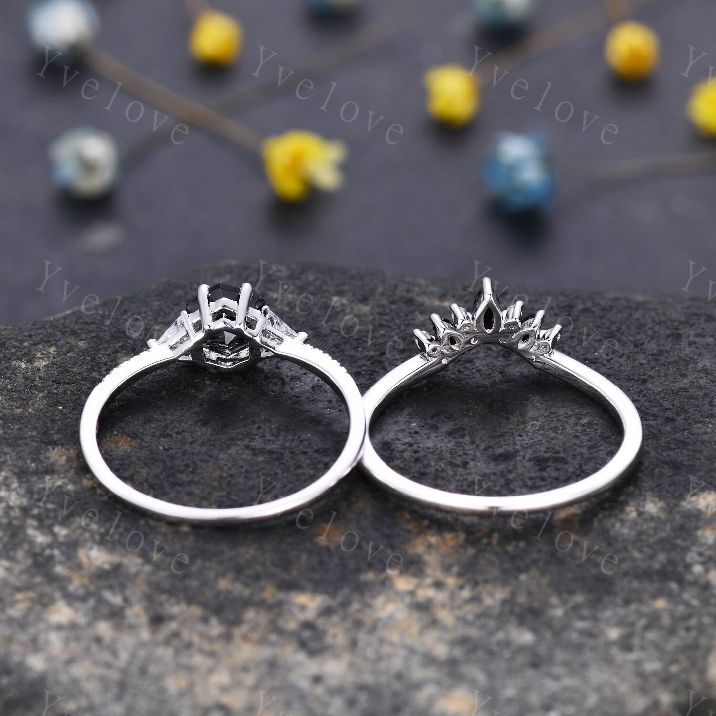 Hexagon Cut Black Rutilated Quartz Engagement Ring,Vingate Bridal Ring Set,Three Stone Engagement Ring,Anniversary Birthday Gift 925 Silver