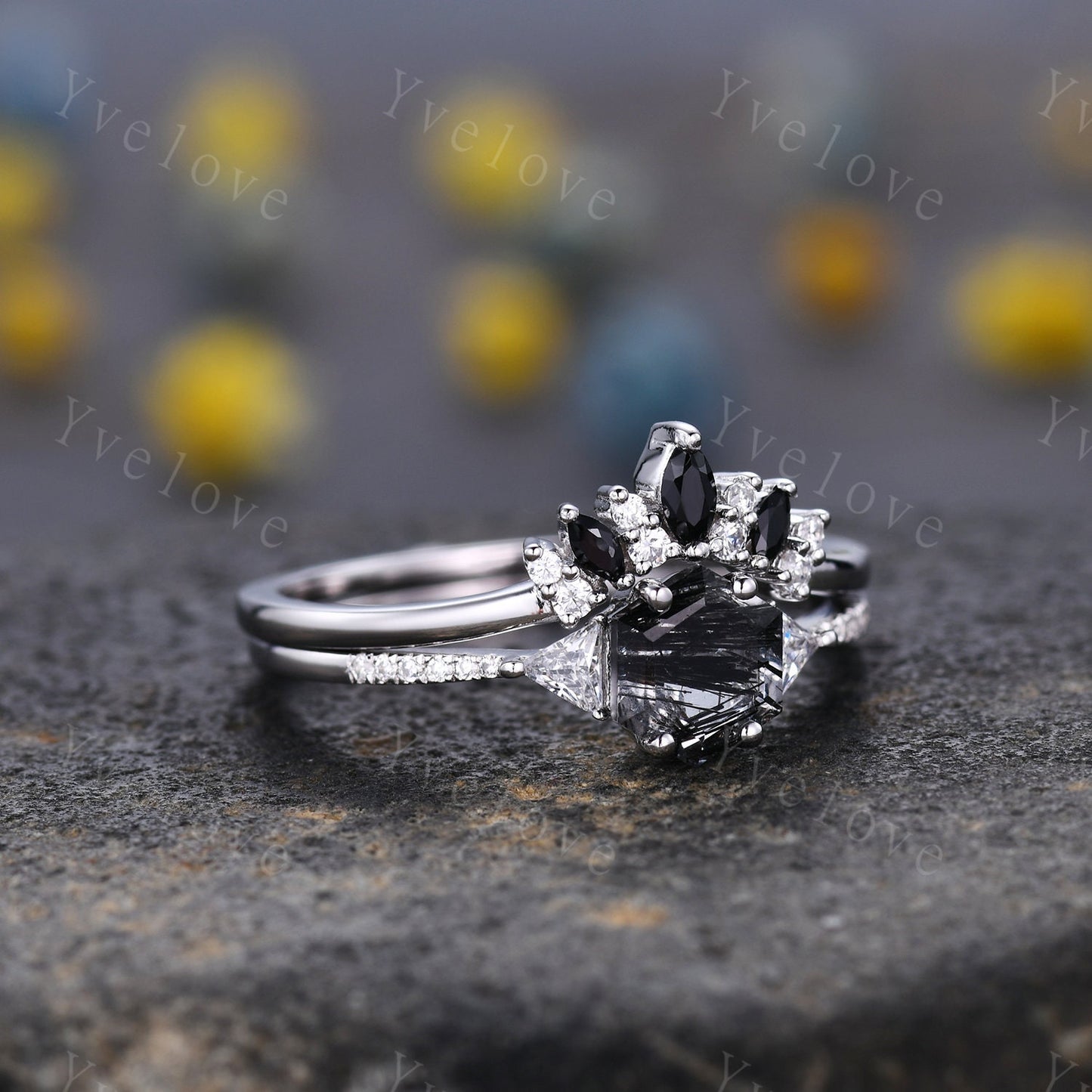 Hexagon Cut Black Rutilated Quartz Engagement Ring,Vingate Bridal Ring Set,Three Stone Engagement Ring,Anniversary Birthday Gift 925 Silver