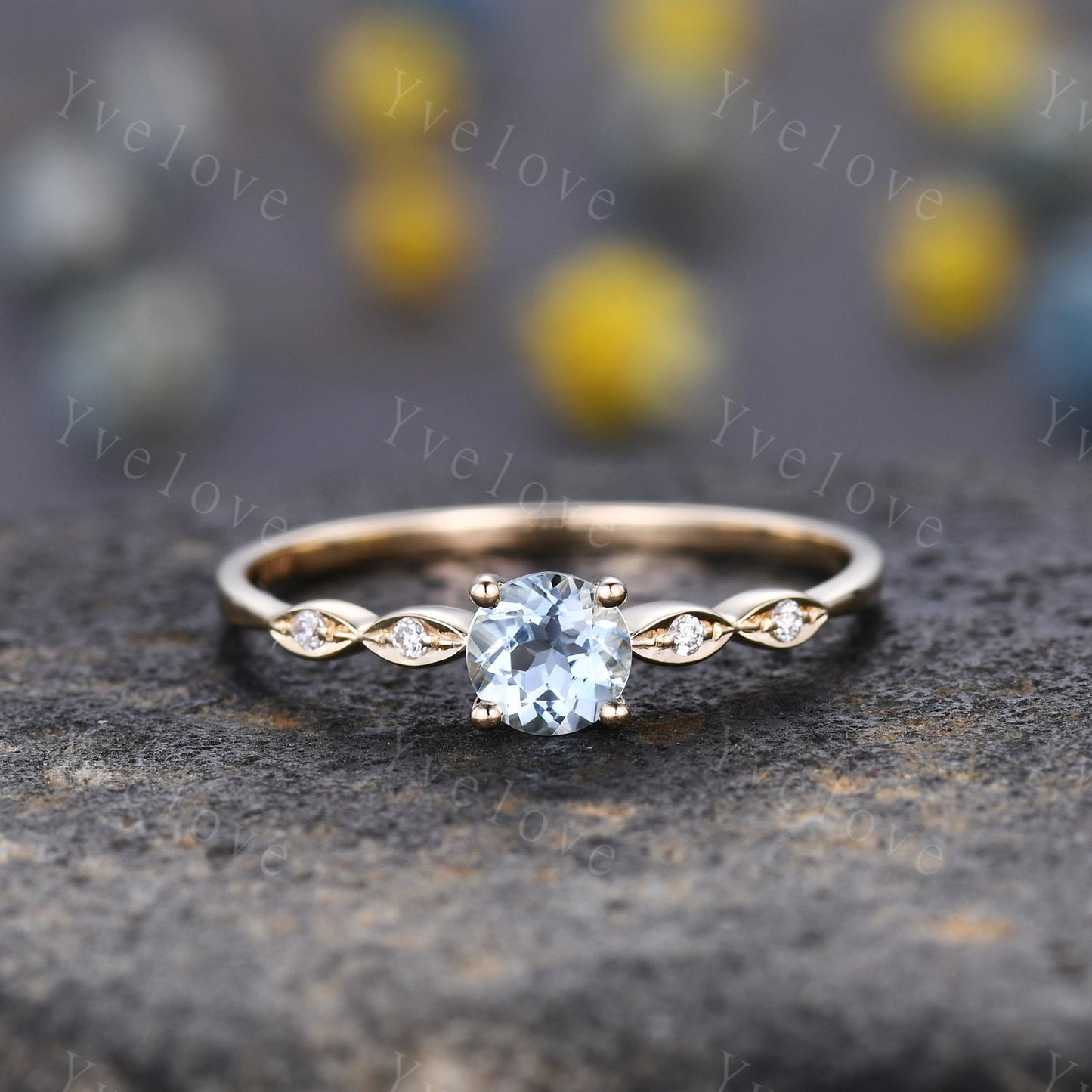 Danity aquamarine engagement ring 5mm round cut aquamarine 14k solid gold art deco diamond wedding band bridal ring March birthstone gift