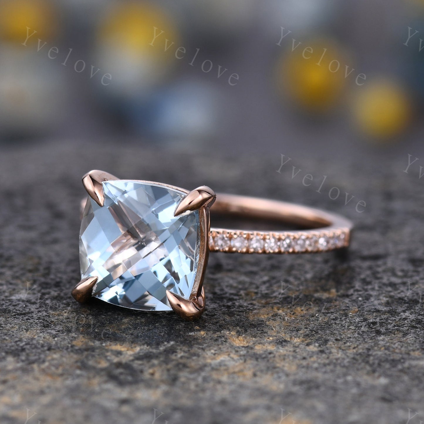 Aquamarine engagement ring rose gold diamond wedding band half eternity band 8mm cushion cut stone solitaire ring March gem handmade jewelry