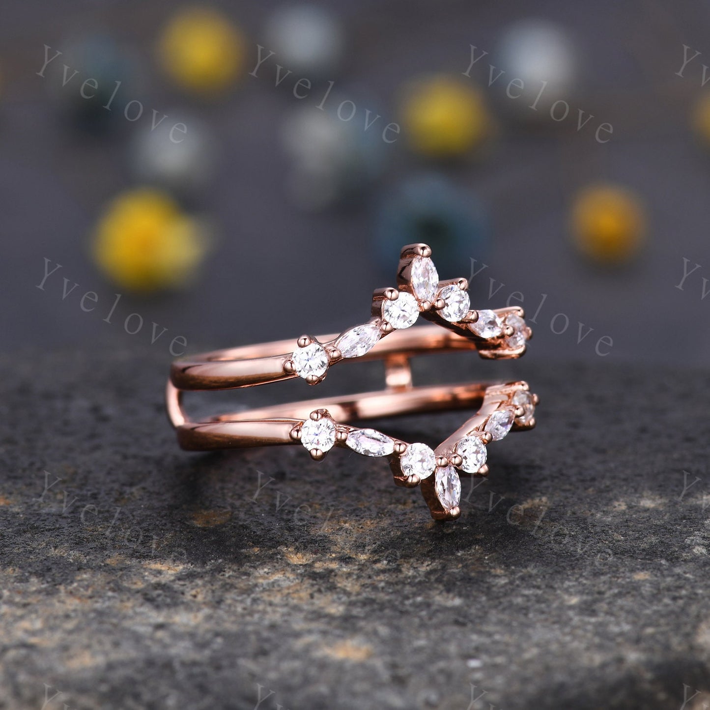 Unique Moissanite wedding band V Curved Diamond wedding band Enhancer Band Rose gold Stacking Matching Band Bridal Promise Anniversary Gift