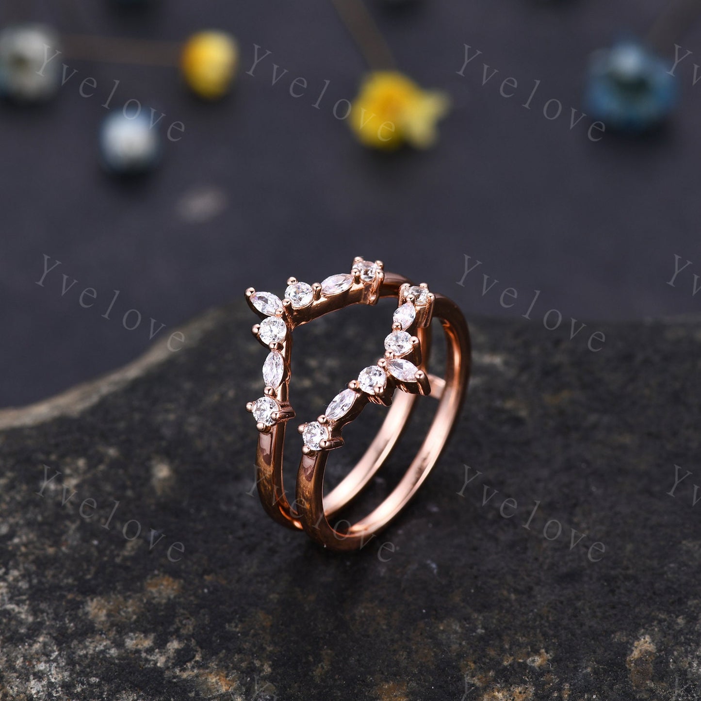Unique Moissanite wedding band V Curved Diamond wedding band Enhancer Band Rose gold Stacking Matching Band Bridal Promise Anniversary Gift
