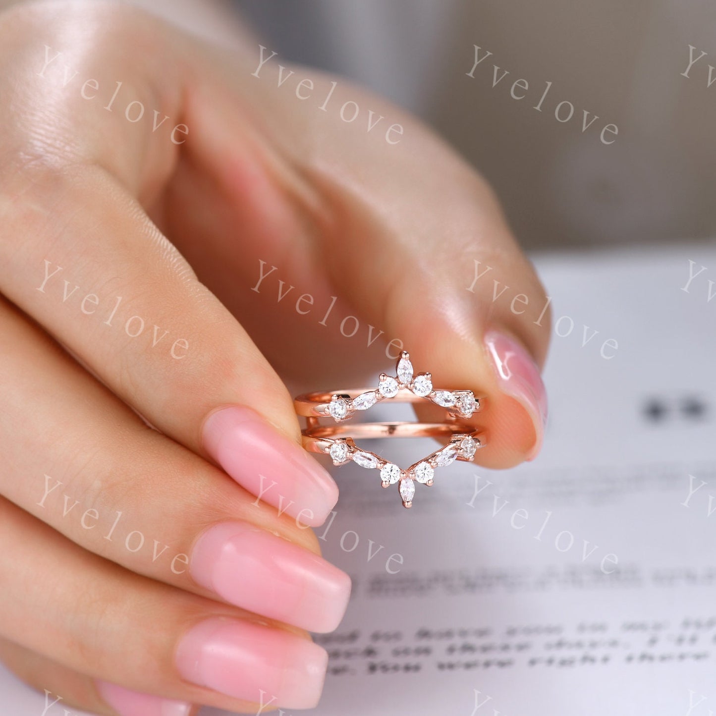 Unique Moissanite wedding band V Curved Diamond wedding band Enhancer Band Rose gold Stacking Matching Band Bridal Promise Anniversary Gift