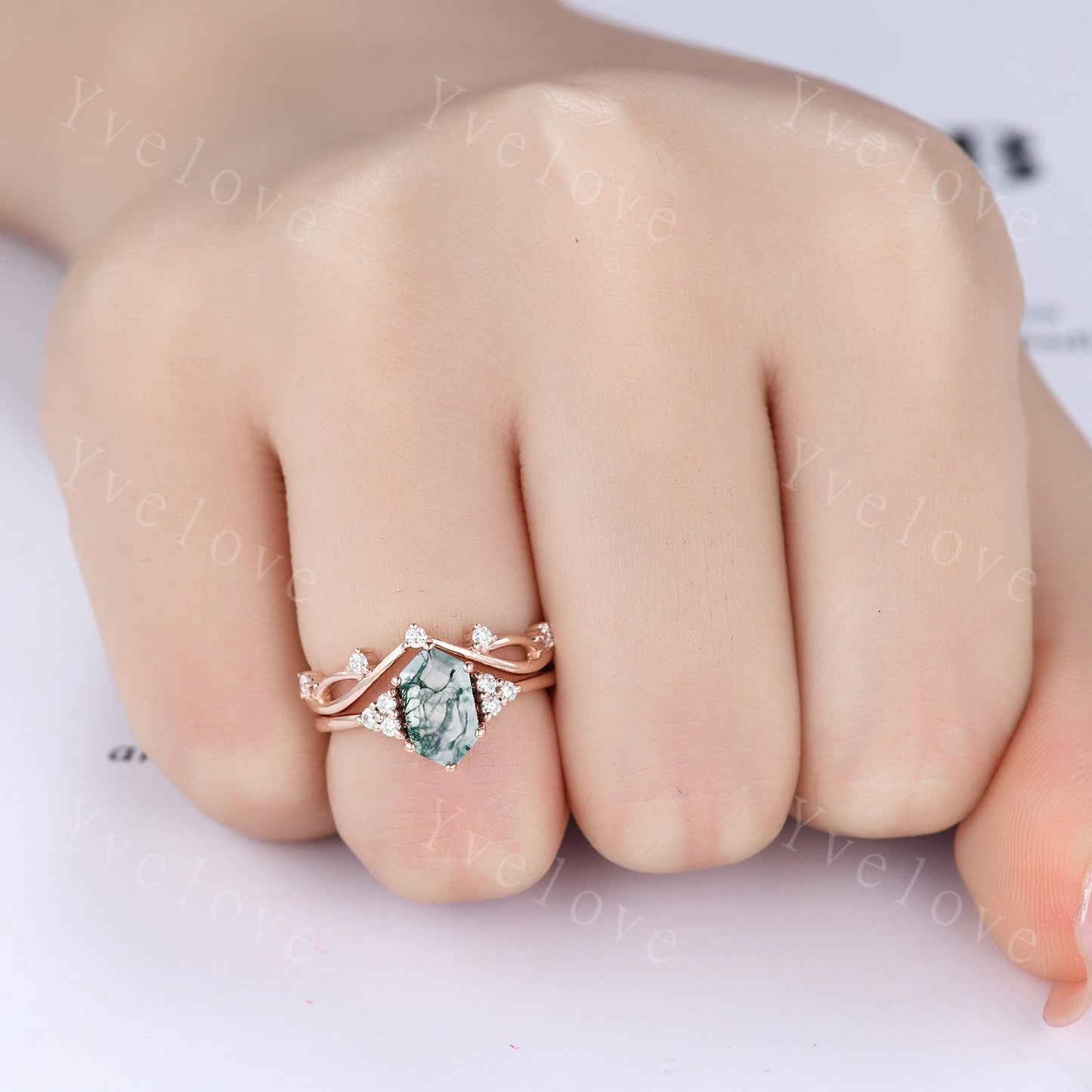 Retro Long hexagon Moss Agate Ring,Vintage Rose gold Ring Set,Unique Agate Engagement Ring,Women Promise Ring,Anniversary Ring Gift For Her
