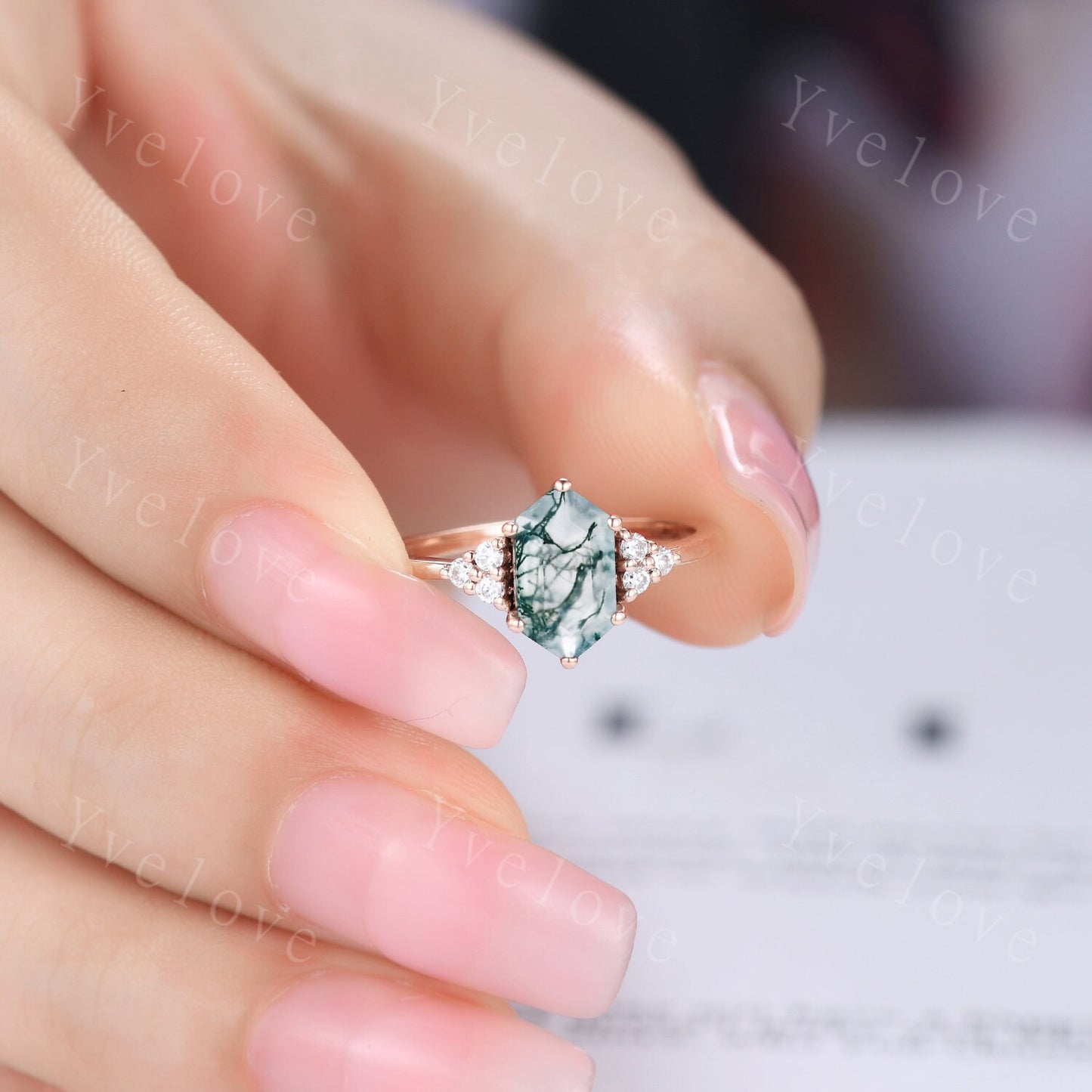 Retro Long hexagon Moss Agate Ring,Vintage Rose gold Ring Set,Unique Agate Engagement Ring,Women Promise Ring,Anniversary Ring Gift For Her