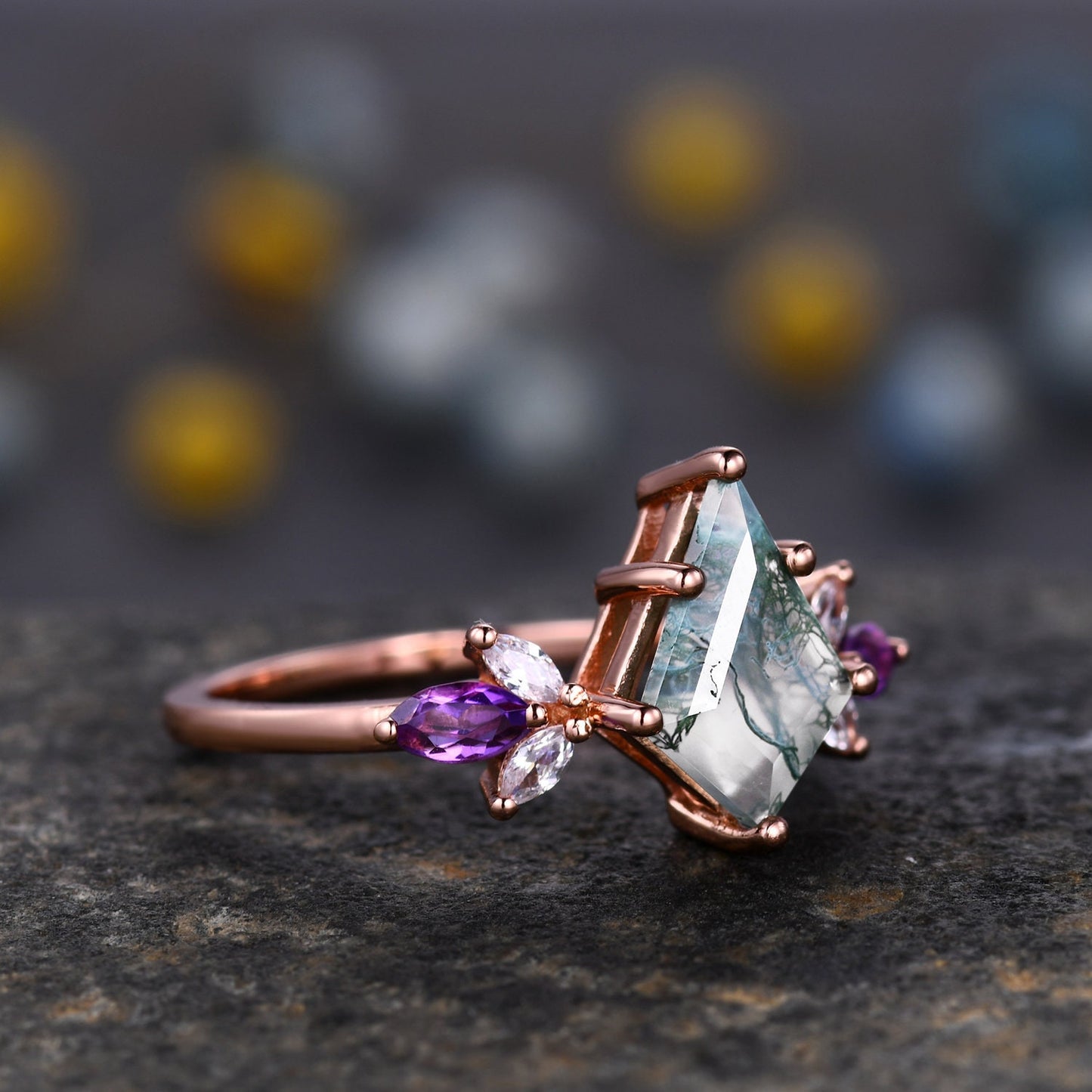 Vintage Kite Cut Moss Agate Engagement Ring Rose Gold Women Unique Moissanite Amethyst Gem Matching Band Promise Bridal Stacking Ring Set