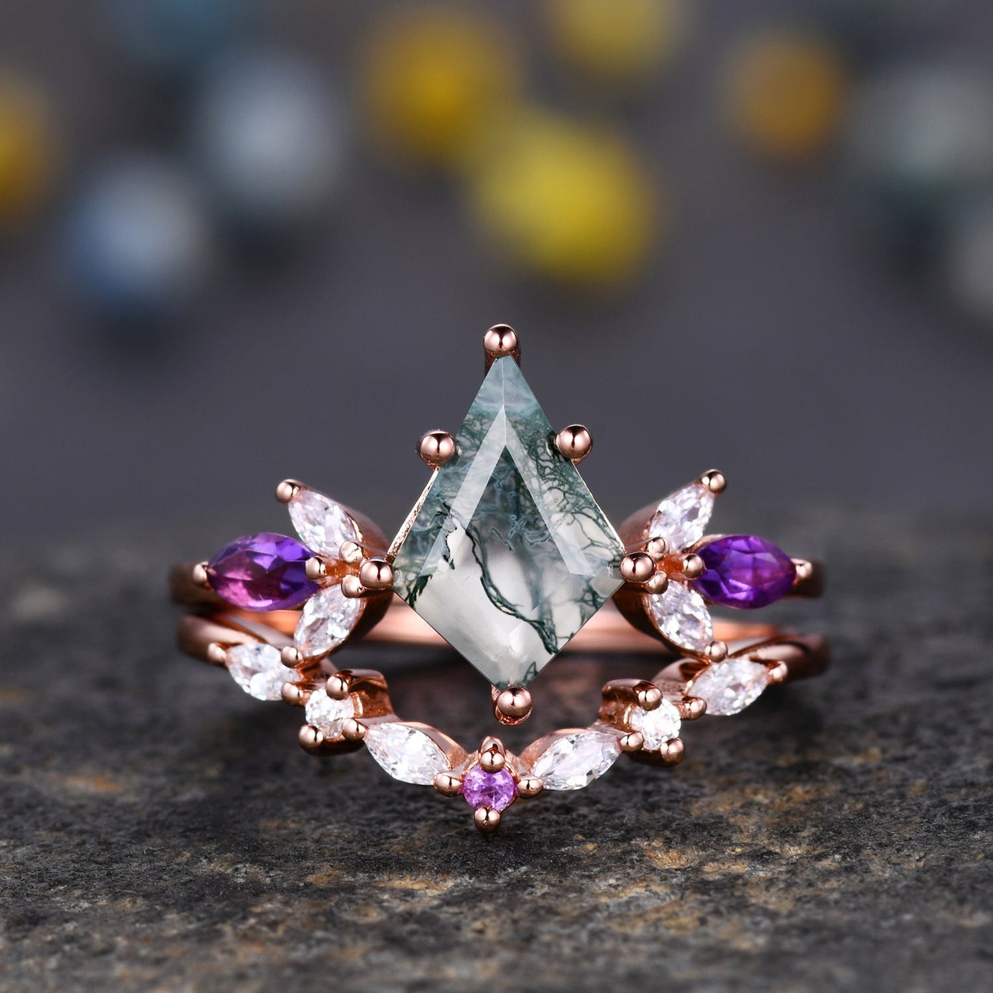 Vintage Kite Cut Moss Agate Engagement Ring Rose Gold Women Unique Moissanite Amethyst Gem Matching Band Promise Bridal Stacking Ring Set