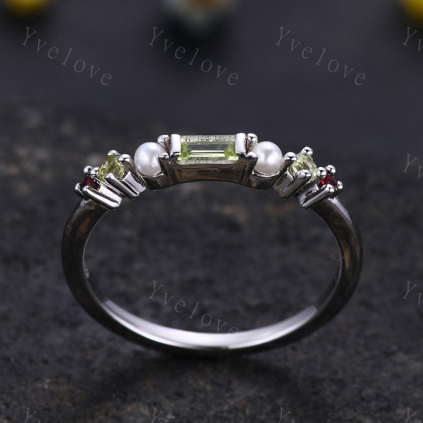 Minimalist Baguette shaped peridot band dainty pearl red garnet wedding band women stackable matching ring 925 silver personalized ring gift