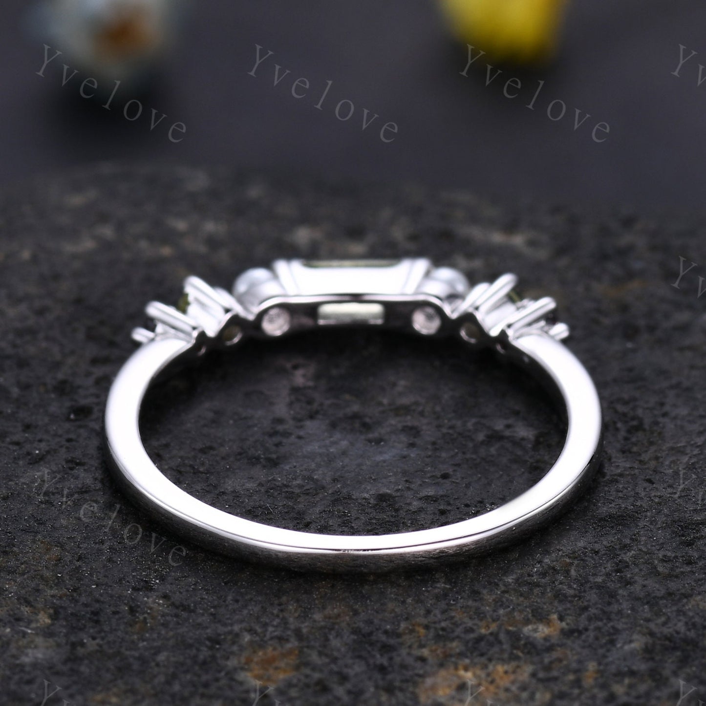 Minimalist Baguette shaped peridot band dainty pearl red garnet wedding band women stackable matching ring 925 silver personalized ring gift