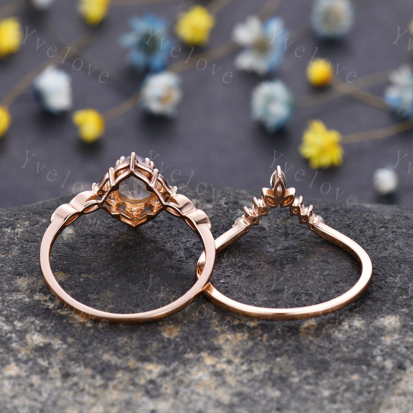 Vintage Citrine Engagement Ring Set,6x8mm Pear Shape Bridal Set,Moissanite Half Eternity Band,Solid Gold,Women Rings Gift For Her,Customized