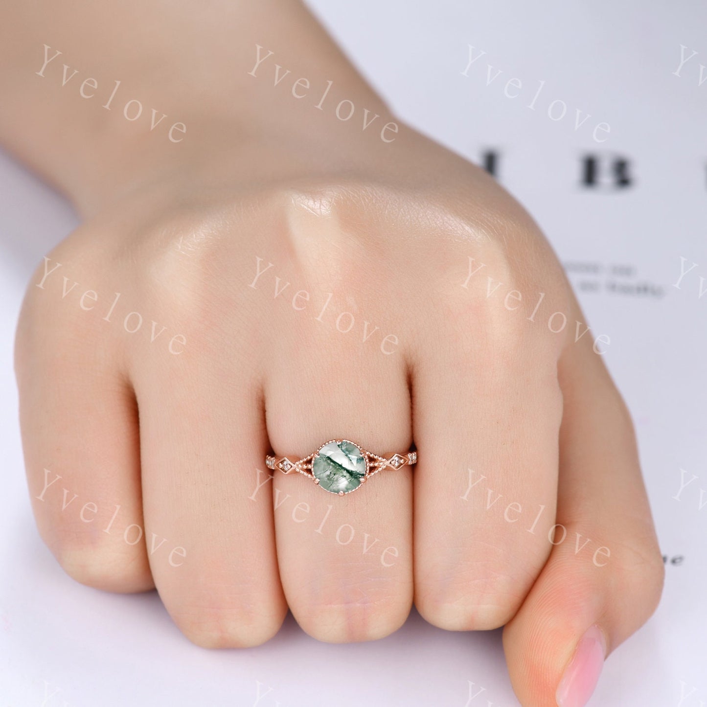 Vintage Round Moss Agate Engagement Ring,Nature Inspired,Dainty Green Gemstone Ring,Gold Ring,Unique Floral Design,Women Diamond Bridal Band