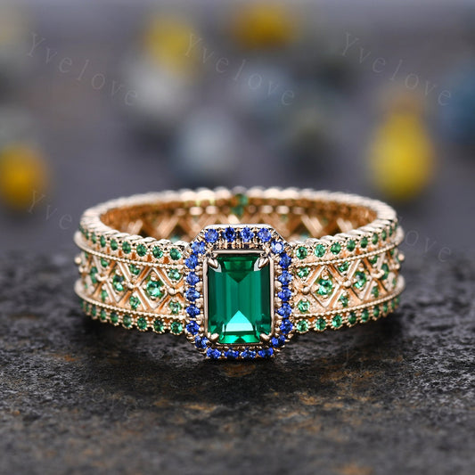 0.7ct Natural Emerald Engagement Ring Sapphire Wedding Band Emerald Gemstone Bridal Ring 14k Gold Men's Statement Ring Anniversary Ring Gift