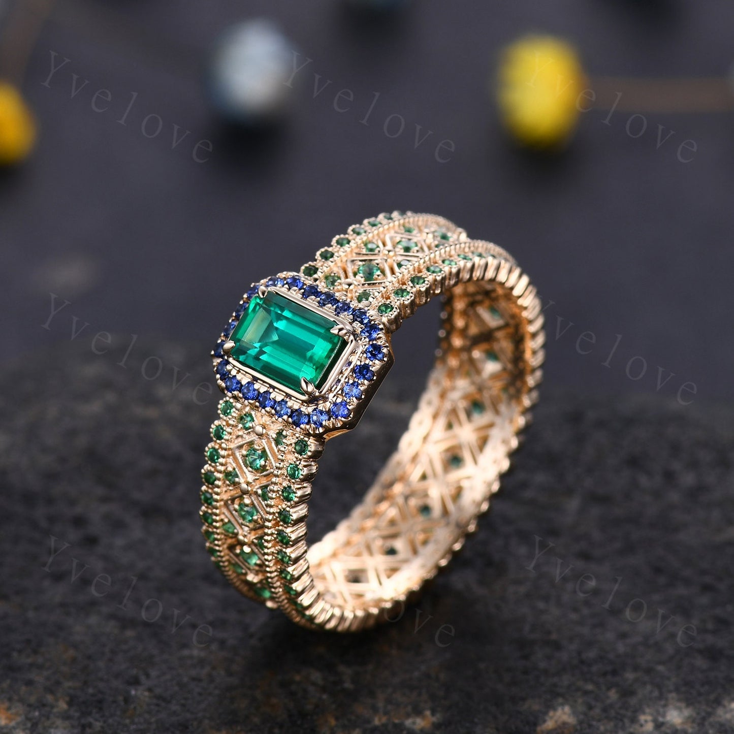 0.7ct Natural Emerald Engagement Ring Sapphire Wedding Band Emerald Gemstone Bridal Ring 14k Gold Men's Statement Ring Anniversary Ring Gift