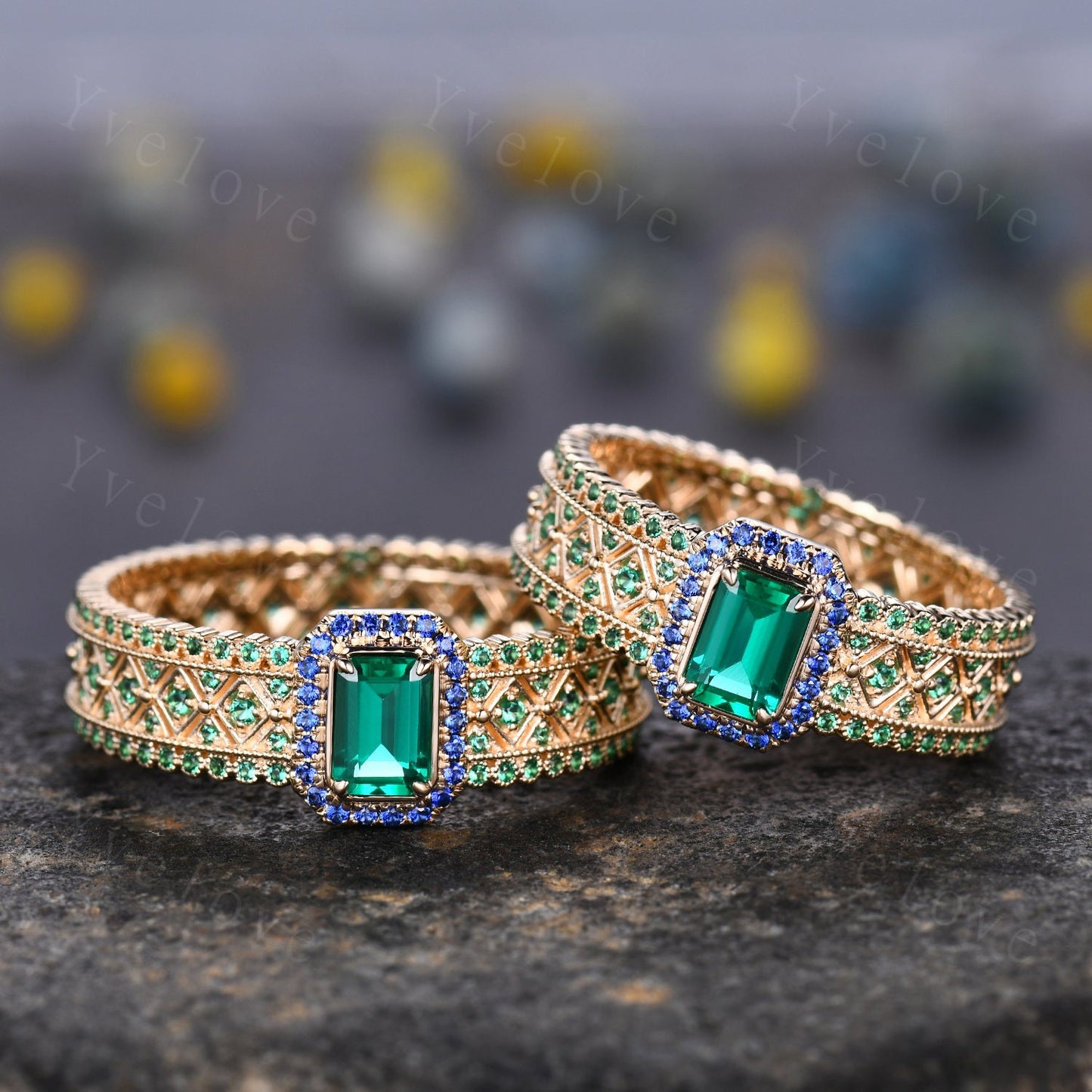 0.7ct Natural Emerald Engagement Ring Sapphire Wedding Band Emerald Gemstone Bridal Ring 14k Gold Men's Statement Ring Anniversary Ring Gift