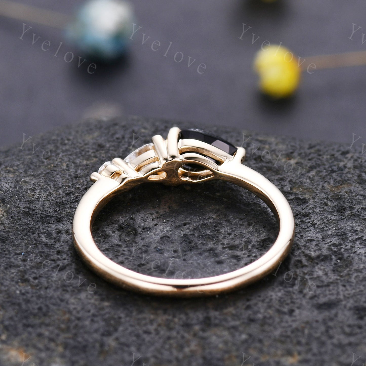 Vintage Black Onyx Engagement Ring,Pear Cut Gems,Art Deco Moissanite Wedding Band,3 Stone Unique Women Bridal Promise Ring Gift,Gold Ring