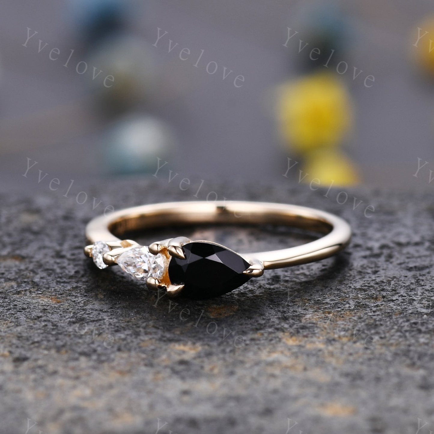 Vintage Black Onyx Engagement Ring,Pear Cut Gems,Art Deco Moissanite Wedding Band,3 Stone Unique Women Bridal Promise Ring Gift,Gold Ring