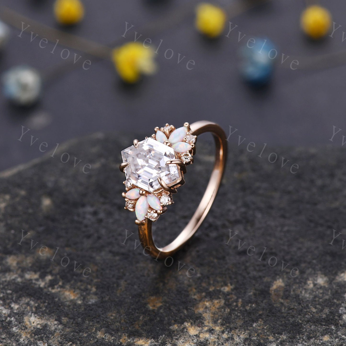 Vintage Hexagon Moissanite Opal engagement ring set,Unique Marquise Opal wedding band,Sterling silver Ring Set,Women Bridal Matching Band