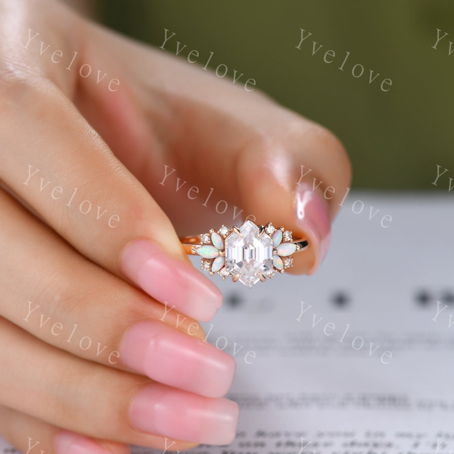 Vintage Hexagon Moissanite Opal engagement ring set,Unique Marquise Opal wedding band,Sterling silver Ring Set,Women Bridal Matching Band