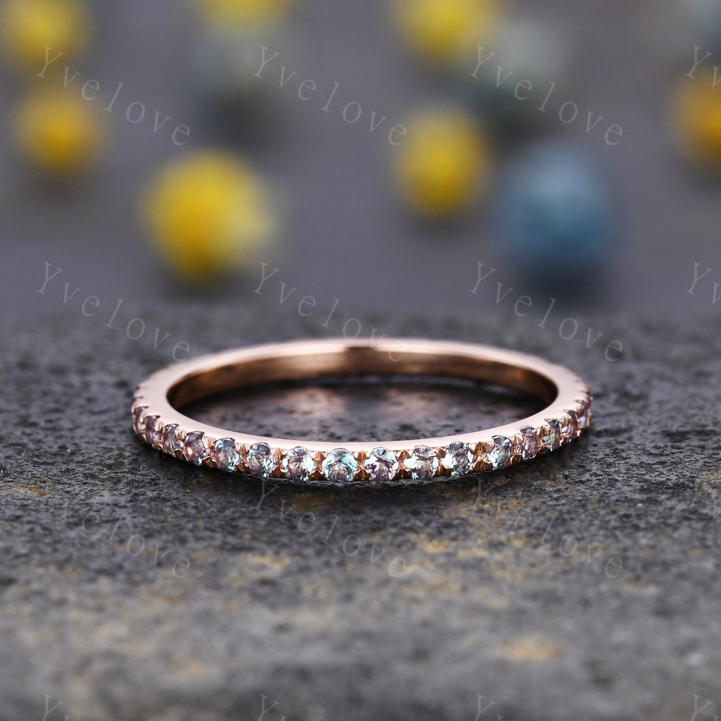 Alexandrite Wedding Band Full Eternity Band Rose Gold June Birthstone Ring Minimalist Ring Pave Wedding Band Stacking Band Anniversary Ring
