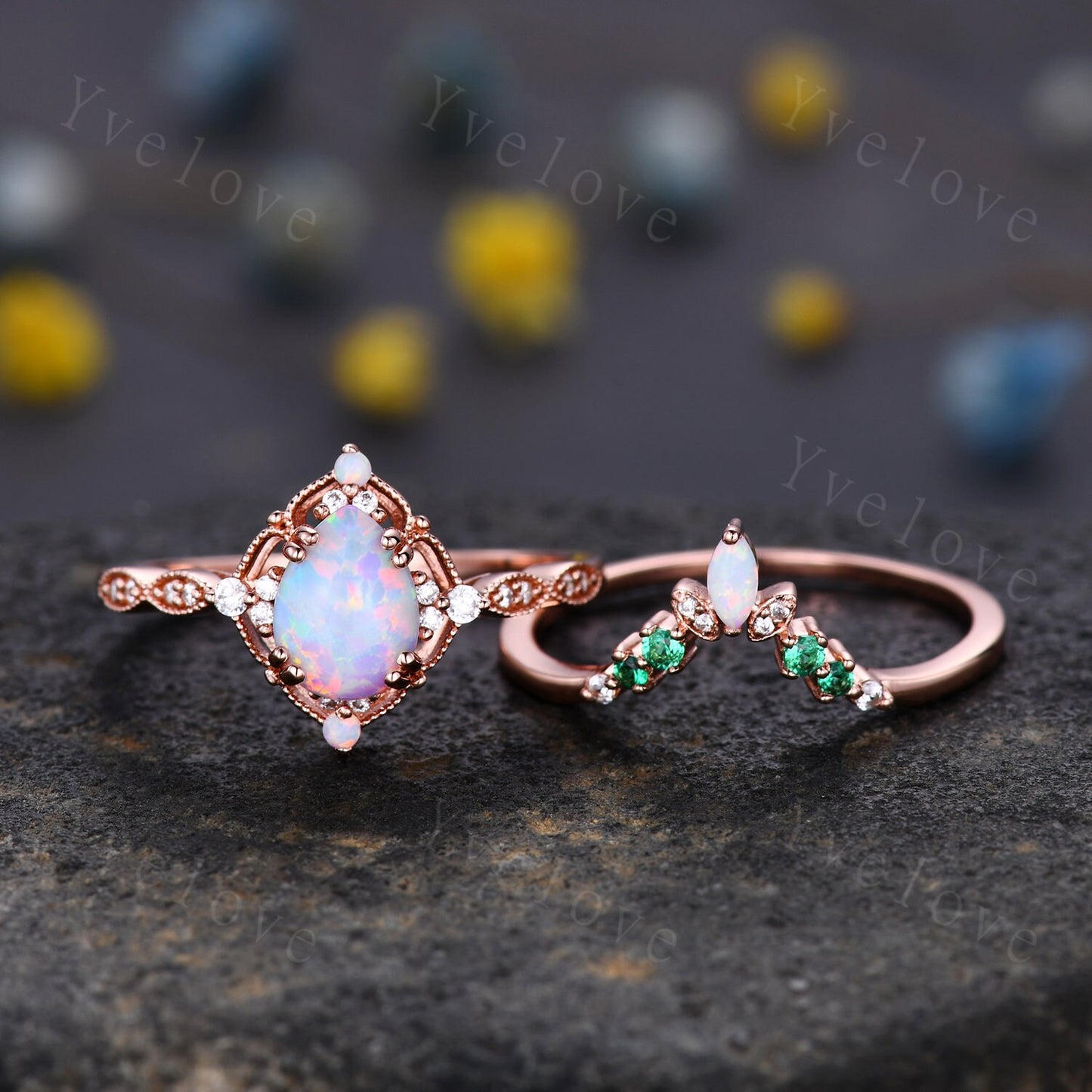 Vintage White Opal Engagement Ring Set,Pear Shape Opal Bridal Set,V Curve Opal Emerald Stack Band,Solid Gold,Women Rings Gift For Her,Custom