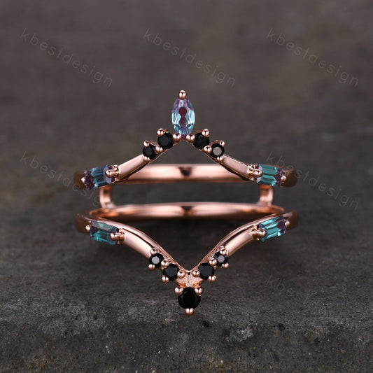Alexandrite curved wedding band Rose gold baguette Alexandrite double curved band Unique stacking matching band Bridal wedding gift