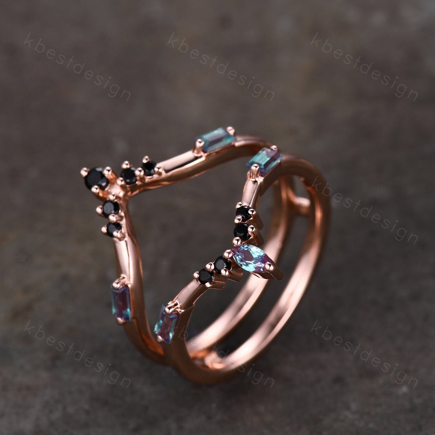 Alexandrite curved wedding band Rose gold baguette Alexandrite double curved band Unique stacking matching band Bridal wedding gift