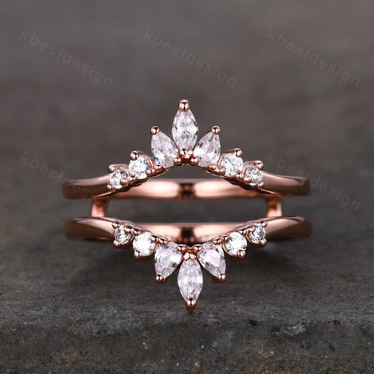 Double curved wedding band Rose gold Moissanite band for women Unique stacking matching Bridal wedding band Promise ring Anniversary gift