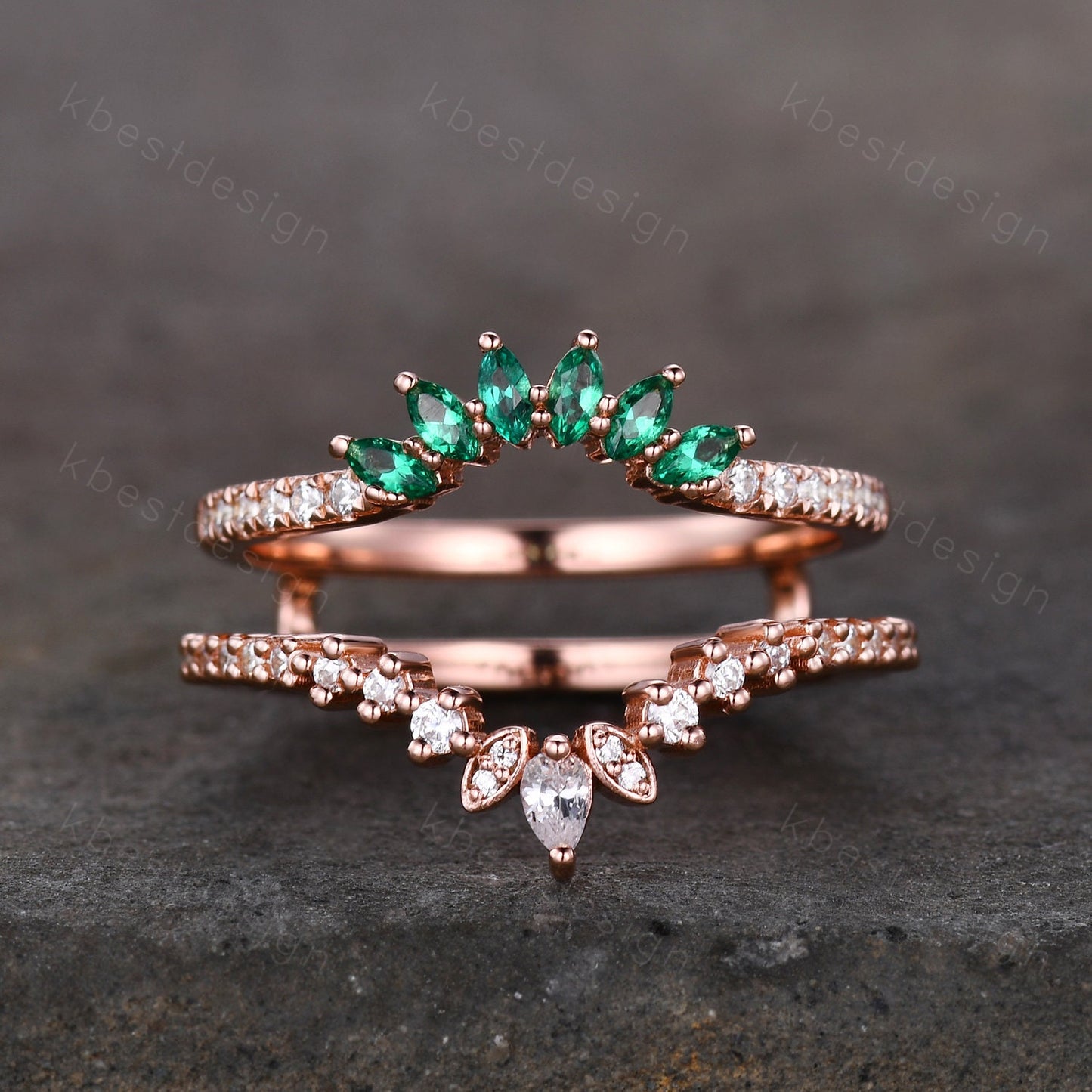 Double curved Moissanite/Emerald wedding band vintage Rose gold marquise emerald cluster band Half eternity stacking band Promise gift