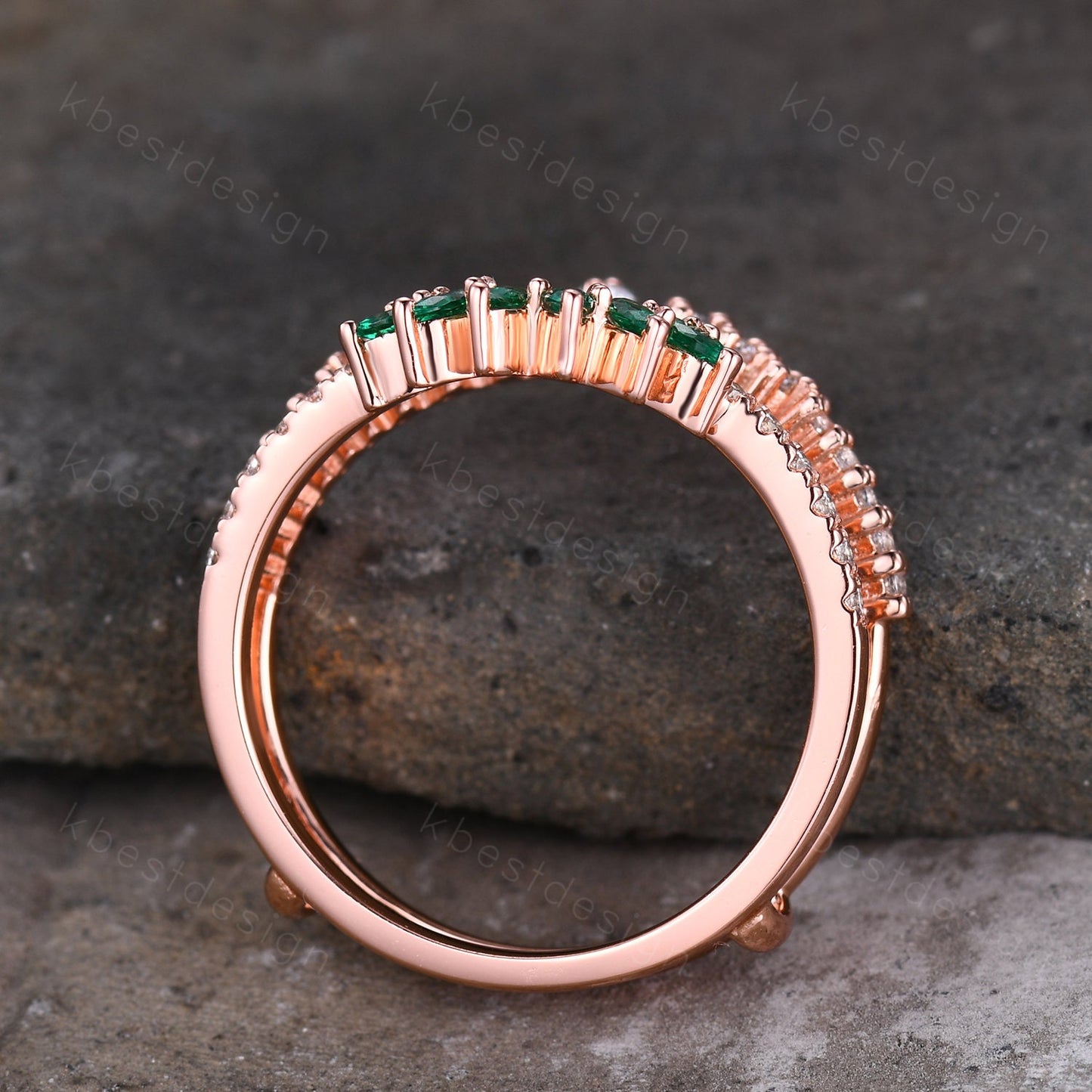 Double curved Moissanite/Emerald wedding band vintage Rose gold marquise emerald cluster band Half eternity stacking band Promise gift