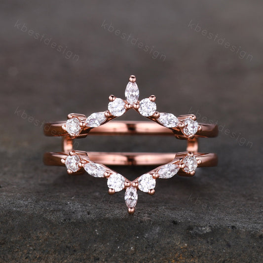Double curved wedding band Vintage marquise cut Moissanite cluster band Rose gold rings Unique stacking matching bridal ring Promise gift