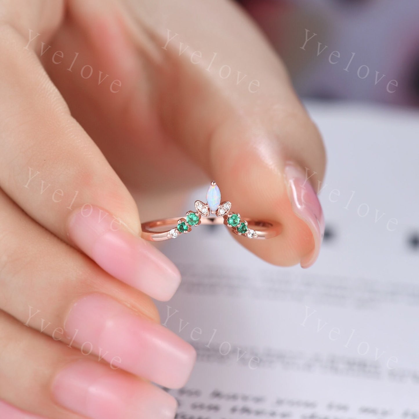 Art Deco Opal Wedding Band,Marquise Opal Band,Moissanite Emerald Wedding Band, V Chevron Ring,Bezel Set,Stacking Ring Anniversary Ring Gift