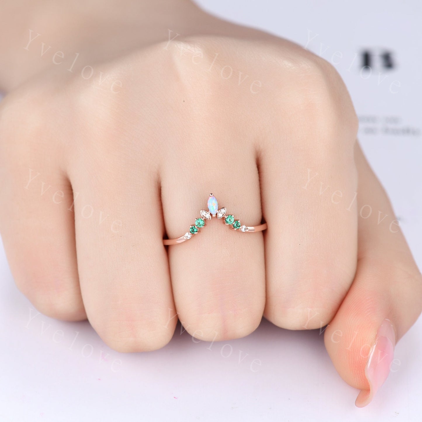Art Deco Opal Wedding Band,Marquise Opal Band,Moissanite Emerald Wedding Band, V Chevron Ring,Bezel Set,Stacking Ring Anniversary Ring Gift