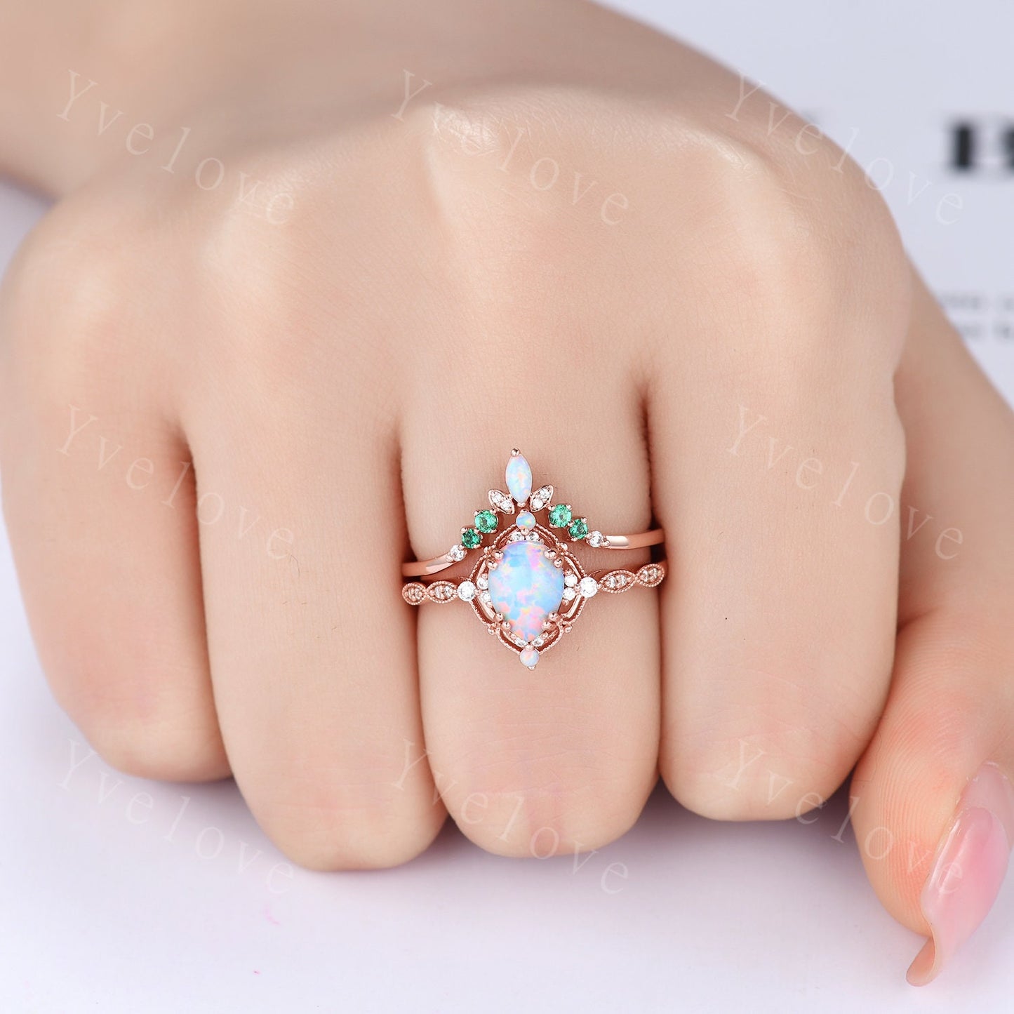 Art Deco Opal Wedding Band,Marquise Opal Band,Moissanite Emerald Wedding Band, V Chevron Ring,Bezel Set,Stacking Ring Anniversary Ring Gift