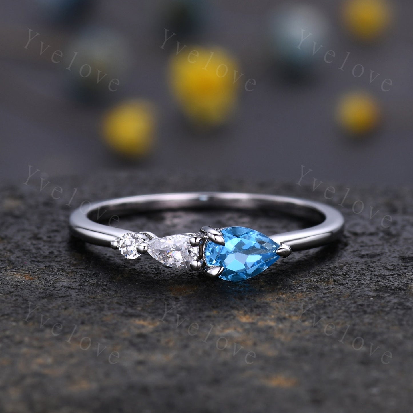 Vintage Swiss Blue Topaz Engagement Ring,Pear Cut Gems,Art Deco Moissanite Wedding Band,3 Stone Unique Women Bridal Promise Ring,Platinum