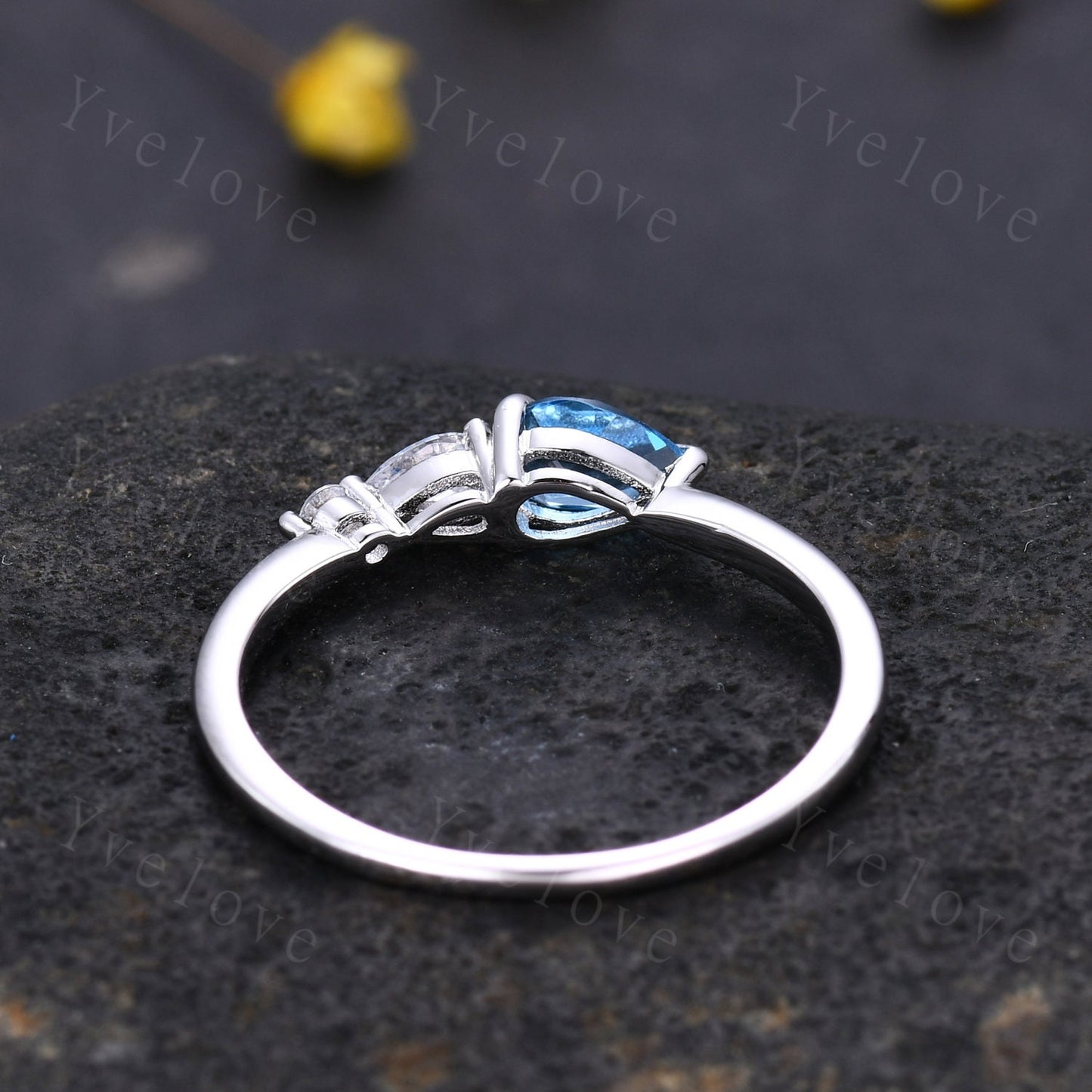 Vintage Swiss Blue Topaz Engagement Ring,Pear Cut Gems,Art Deco Moissanite Wedding Band,3 Stone Unique Women Bridal Promise Ring,Platinum