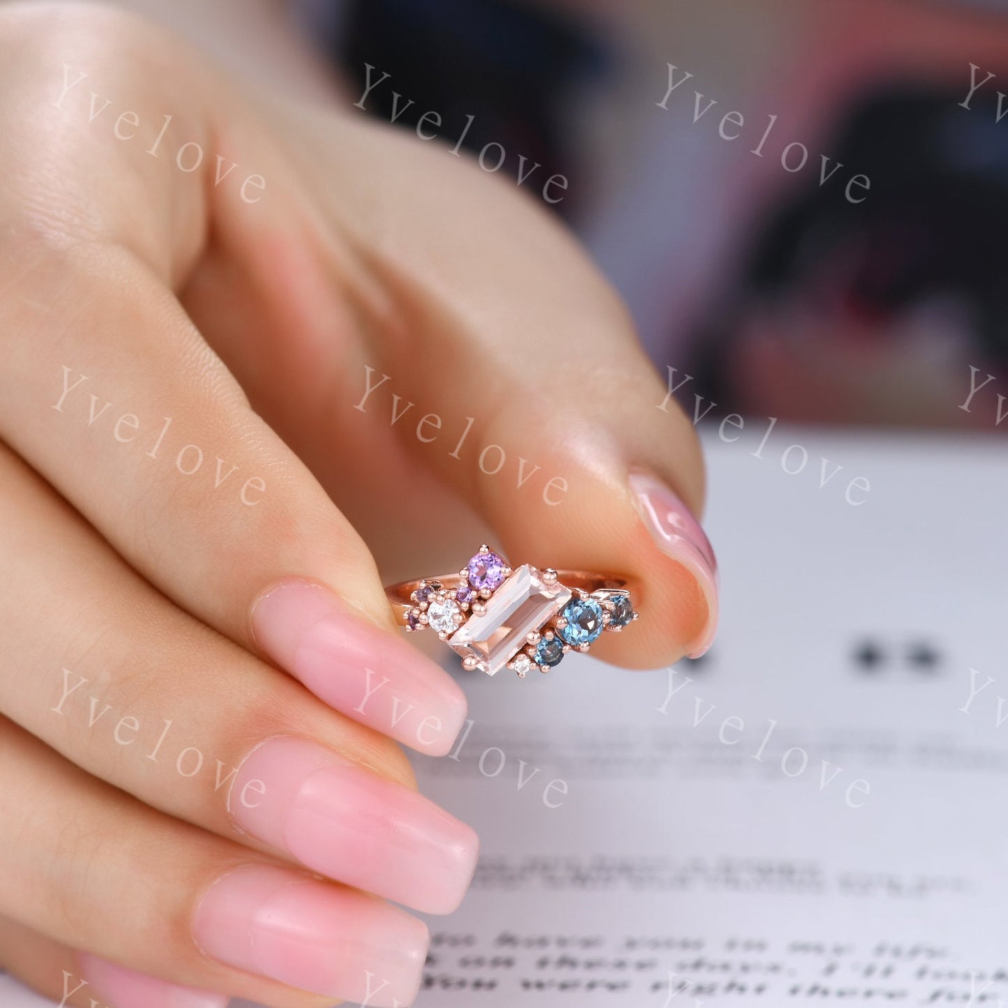 Cluster ring,Cluster engagement ring,Pink Morganite ring,Mutli gemstone ring,Blue Topaz and Amethyst Cluster ring,Stackable band,Personalize