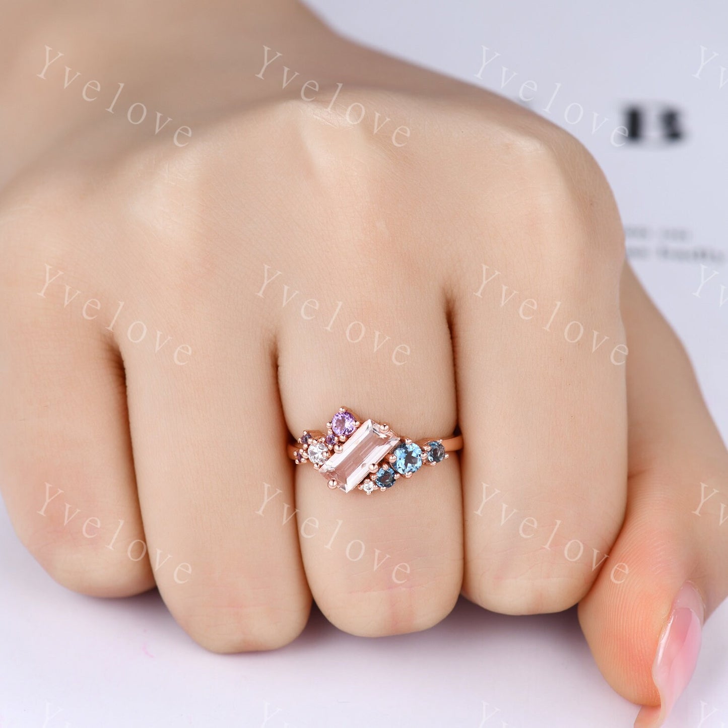 Cluster ring,Cluster engagement ring,Pink Morganite ring,Mutli gemstone ring,Blue Topaz and Amethyst Cluster ring,Stackable band,Personalize