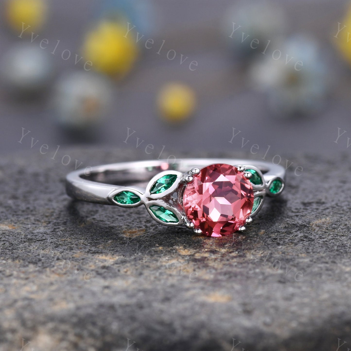 7mm round shaped Padparadscha sapphire engagement ring,Unique sapphire emerald ring,Marquise emerald,gold ring,Promise ring,Anniversary gift