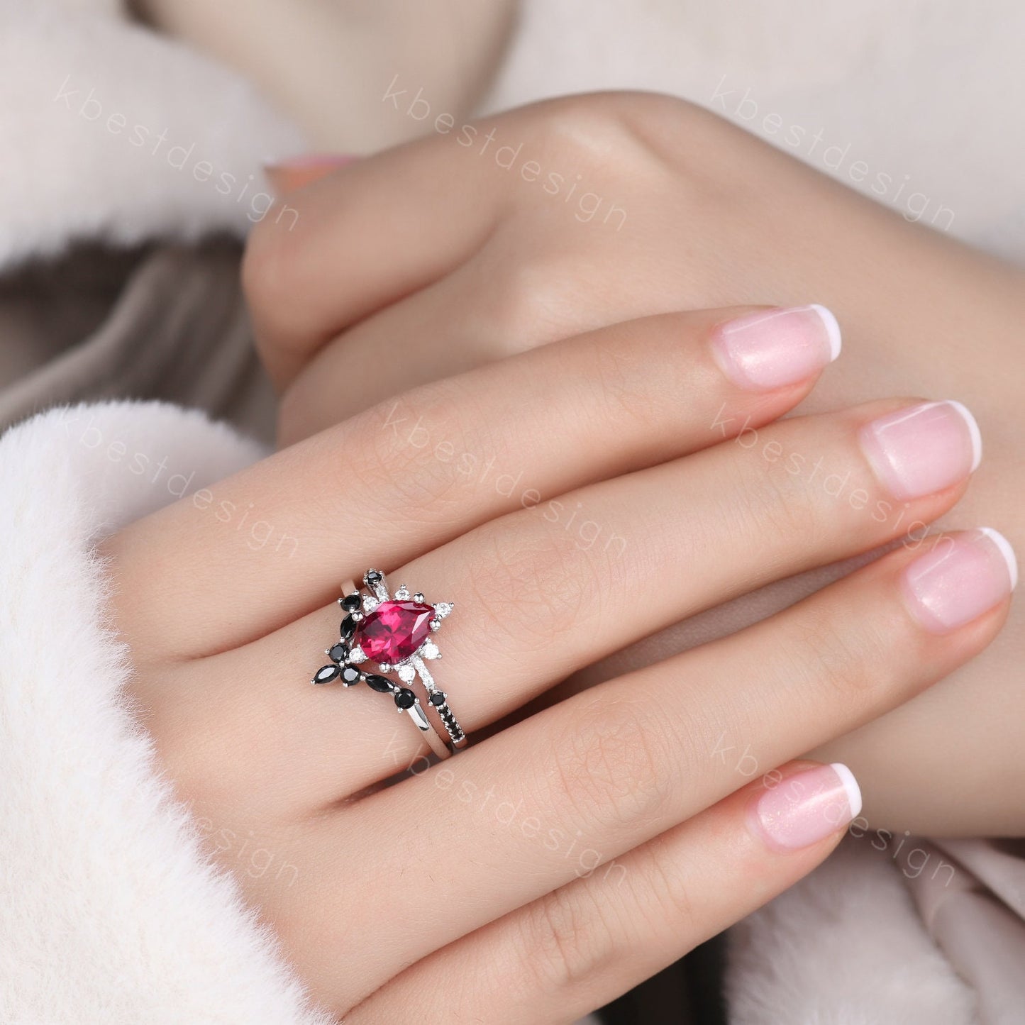 Pear shaped Ruby engagement ring set unique vintage black spinel ring women silver wedding rings art deco stacking band Bridal promise set