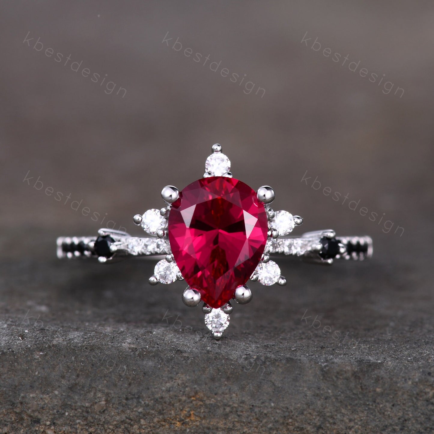 Pear shaped Ruby engagement ring set unique vintage black spinel ring women silver wedding rings art deco stacking band Bridal promise set