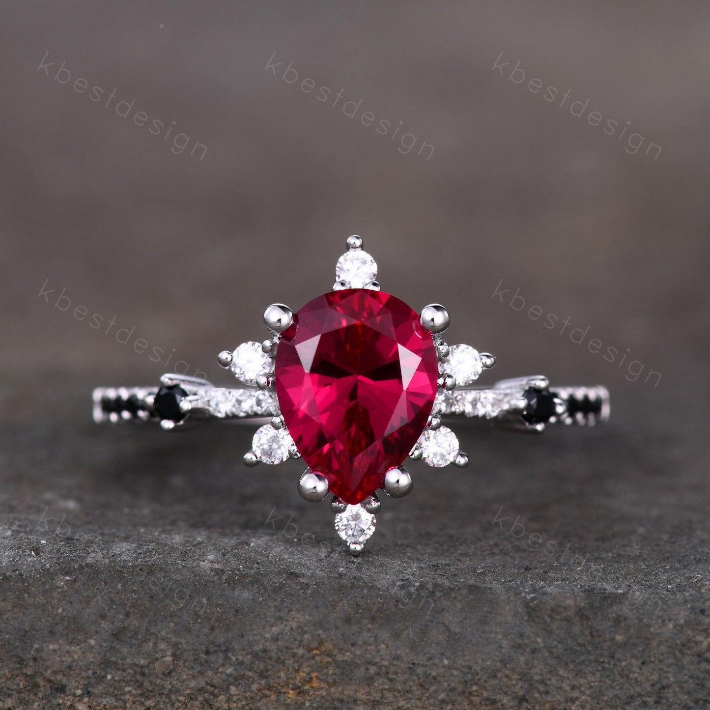 Pear shaped Ruby engagement ring set unique vintage black spinel ring women silver wedding rings art deco stacking band Bridal promise set