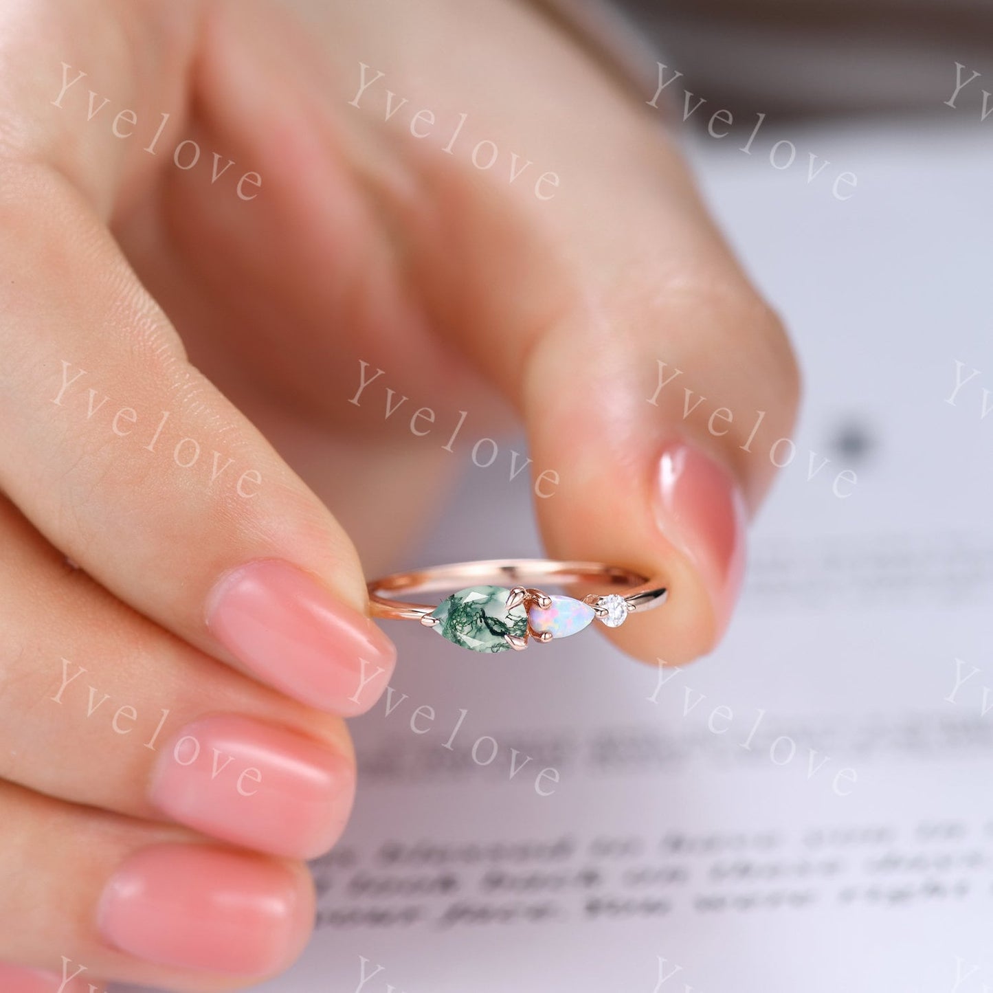 Custom Unique Moss Agate Opal Engagement Ring,Pear Cut Gems,Art Deco Moissanite Wedding Band,3 Stone Unique Women Bridal Promise Ring