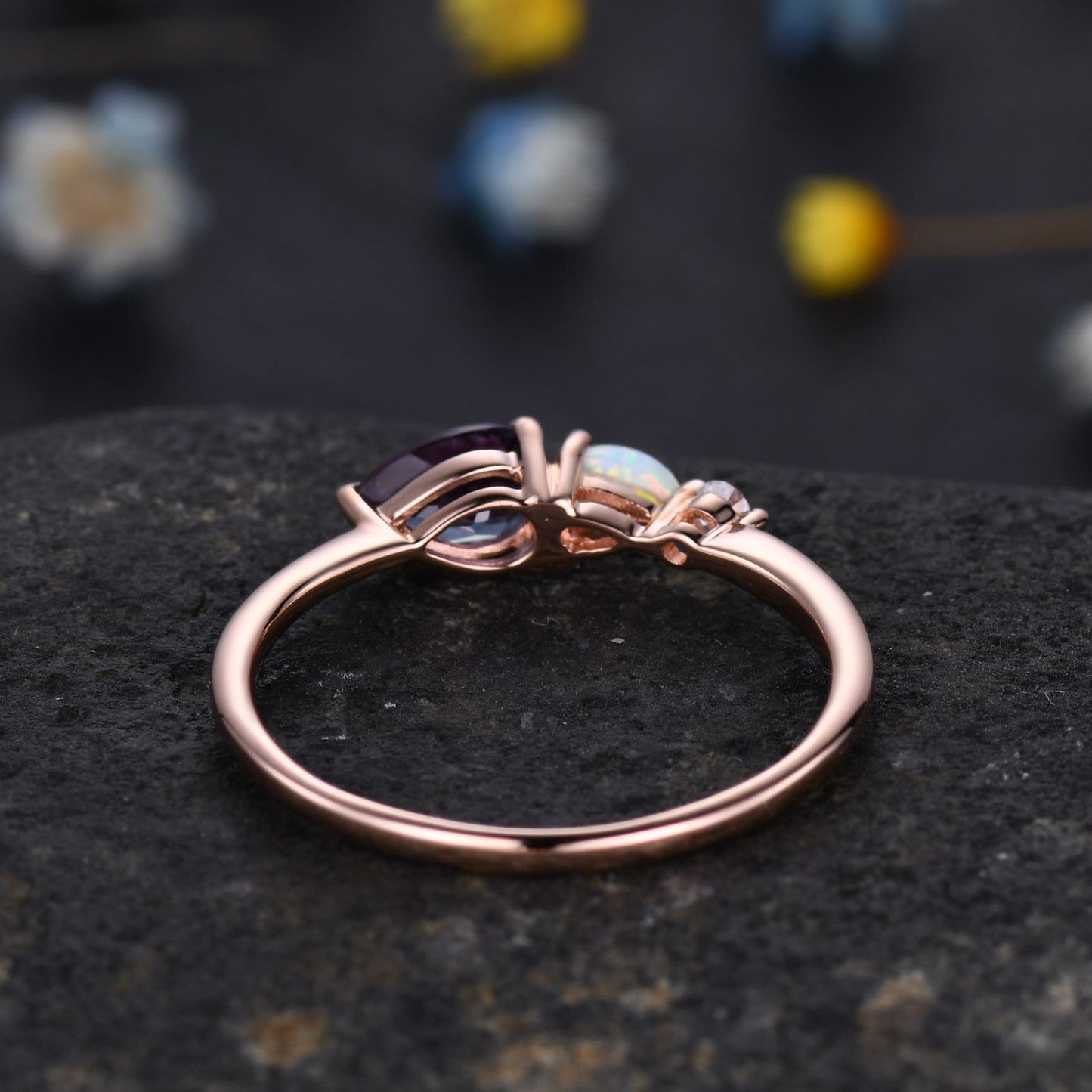 Custom Unique Moss Agate Opal Engagement Ring,Pear Cut Gems,Art Deco Moissanite Wedding Band,3 Stone Unique Women Bridal Promise Ring