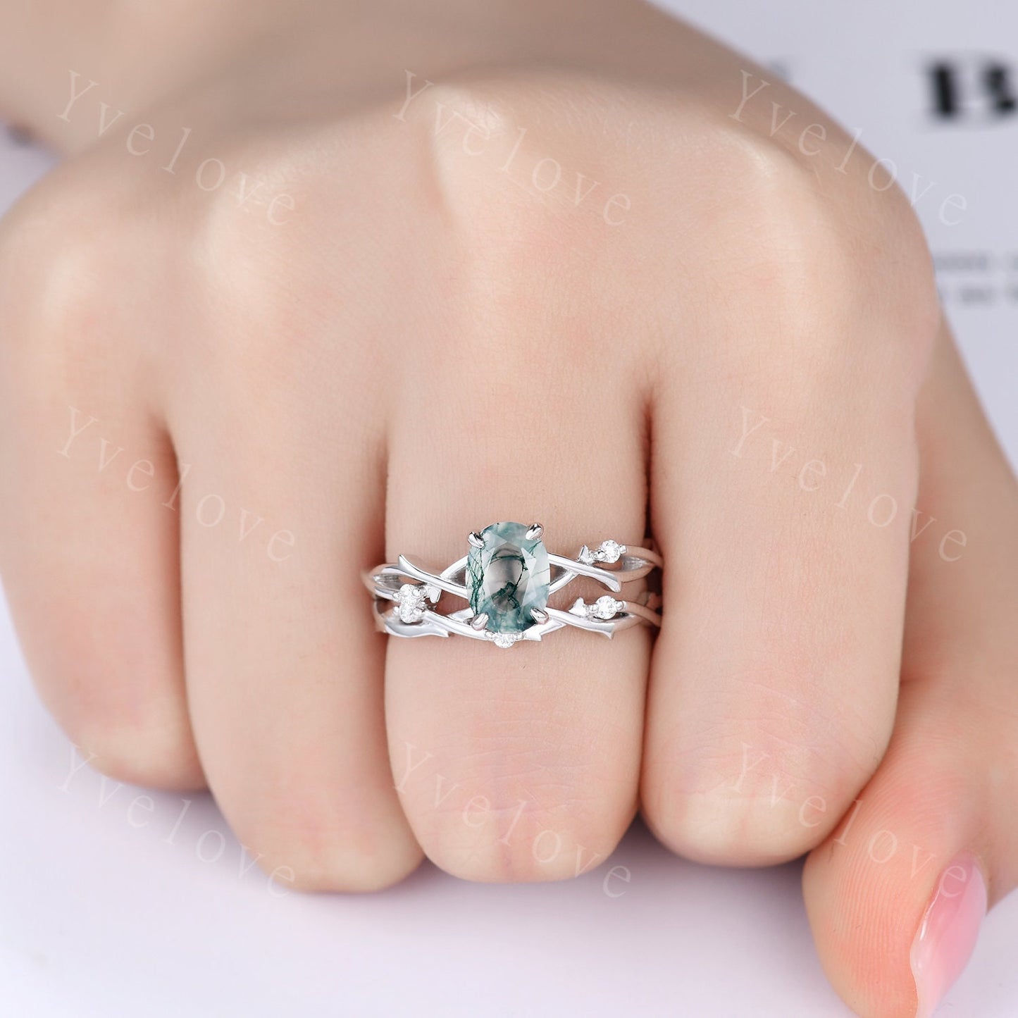 Twig Moss Agate Engagement Ring Set,Oval Vintage Leaf Diamond Ring,White Gold Branch Ring,Twisted Ring Promise Bridal Set,Dainty Ring Set